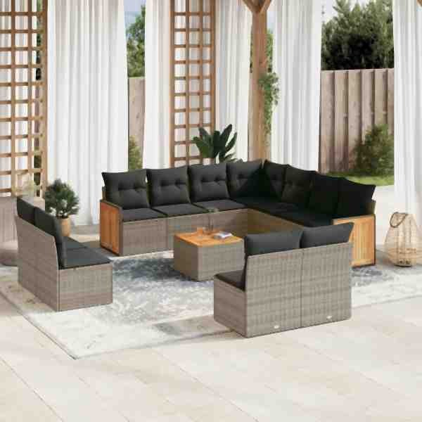 vidaXL 12-tlg. Garten-Sofagarnitur mit Kissen Grau Poly Rattan, UV-beständig, 3260177