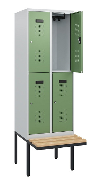 C+P Doppelstock-Spind Evolo PLUS, Bank, 4 Fächer, 1950x600x815mm, 7035/6011, Zylinderschloss, Sitzfläche Buche-Hartholz, 0493405-20 S10036