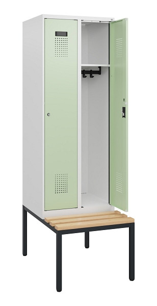 C+P Spind Evolo PLUS, 2 Abteile, 1950x600x815mm, 9016/6019, Zylinderschloss, Sitzfläche Holz, Sitzbank, 0490505-20 S10046