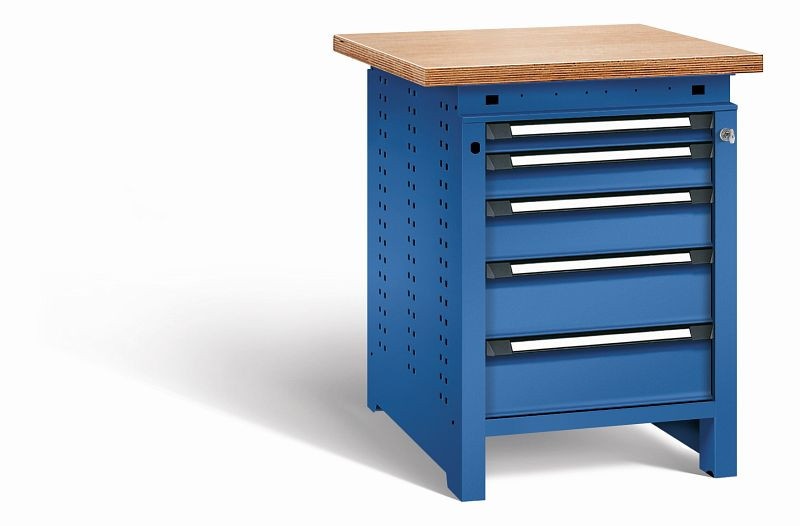 Otto Kind Werkbank Serie function Typ 109, Multiplexplatte, überstehend, 5 Schubladen, mit Zentralverschluss, komplett RAL 5010, 072326213