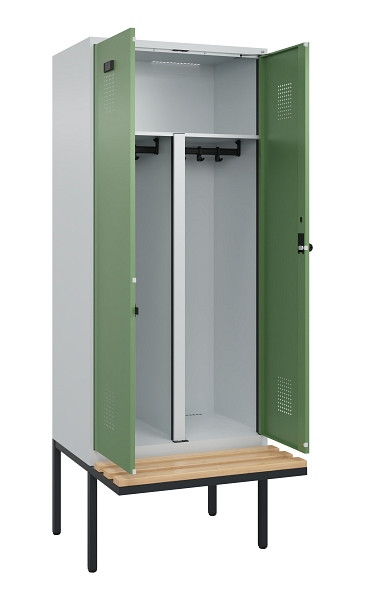 C+P PSA Doppel-Spind Evolo PLUS, Bank, 2 Abteile, 2120x800x815mm, 7035/6011, Drehriegel, Sitzfläche Holz, 0490427-22P S10010