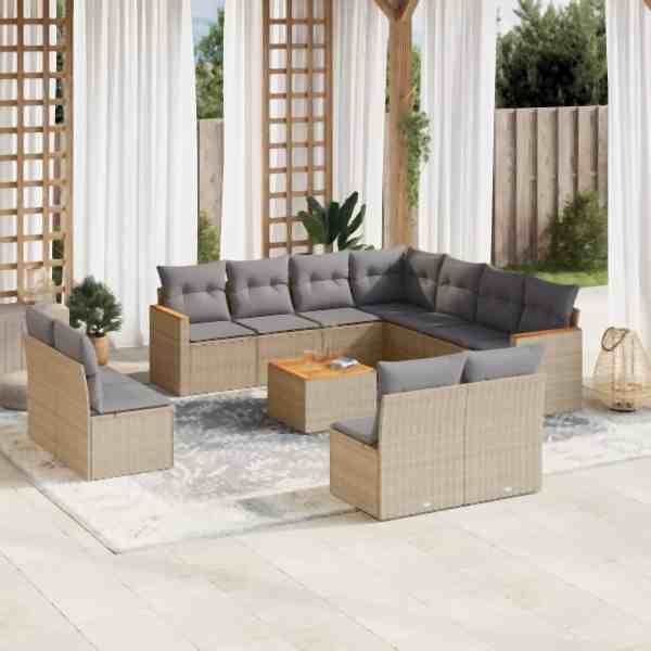 vidaXL 12-tlg. Garten-Sofagarnitur mit Kissen Beige Poly Rattan, UV-beständig, 3258496