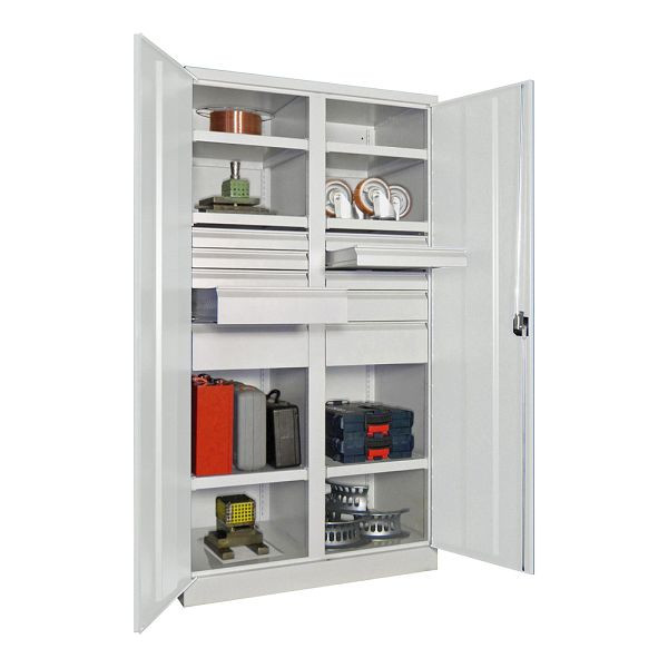 Pavoy Schwerlastschrank 1950/1040/630, Trennwand, 6 gepulverte Fachböden, 10 Schubladen, Flügeltüren, Drehgriff mit Zylinderschloss, 36366-104-006-910515