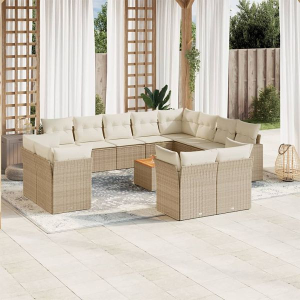 vidaXL 13-teilig Garten-Sofagarnitur mit Kissen Beige Poly Rattan, 3223951