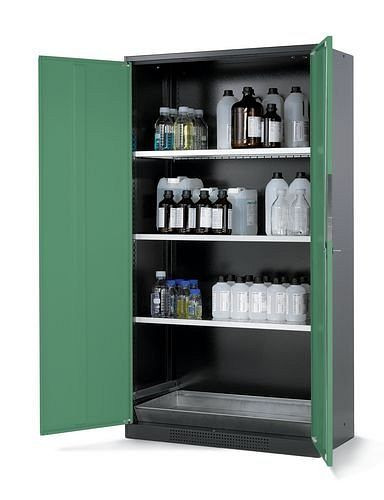 asecos Chemikalienschrank Systema CS-103, Korpus anthrazit, grün, 3 Einlegeböden und Bodenwanne, 202610