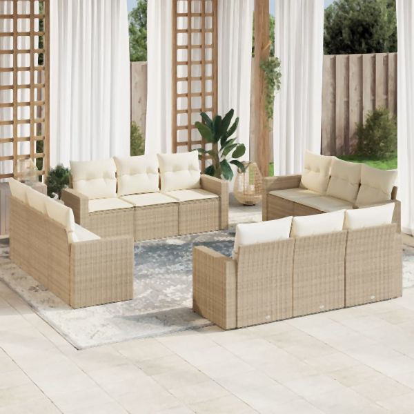 vidaXL 12-tlg. Garten-Sofagarnitur mit Kissen Beige Poly Rattan, 3218758