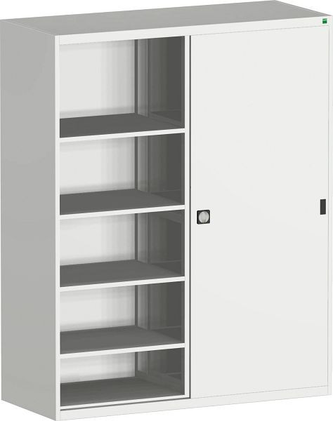 bott cubio Schiebetürenschrank bestückt mit Trennwand, 6 Fachböden BxTxH: 1600 x 650 x 2000 mm, RAL 7035, 40023008.16V