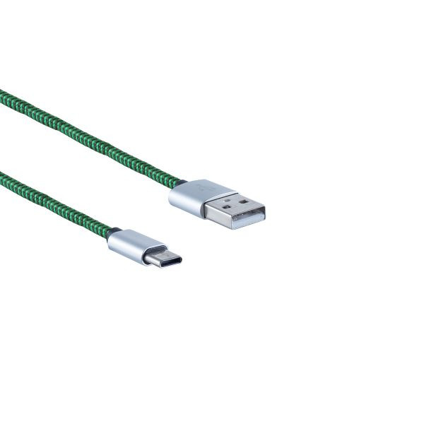 S-Conn USB Ladekabel, USB-A-Stecker auf USB Typ C Stecker, Nylon, grün, 0,9m, 14-50119