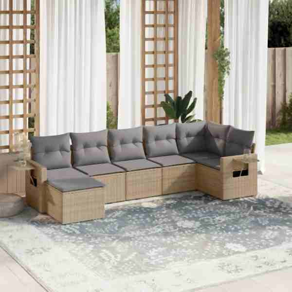 vidaXL 7-tlg. Garten-Sofagarnitur mit Kissen Beige Poly Rattan, UV-beständig, 3252816