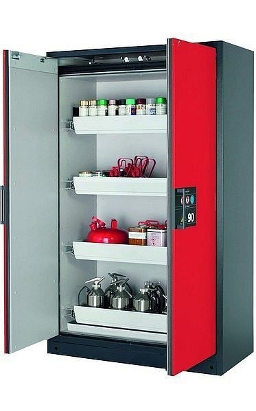 asecos Sicherheitsschrank Q-CLASSIC-90, Q90.195.120 in verkehrsrot RAL 3020 mit 4x Auszugswanne Standard (Stahlblech), 30001-046-30015