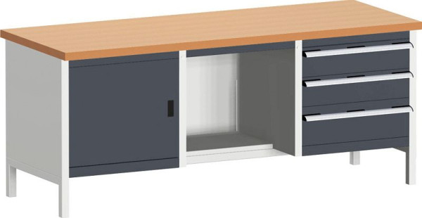 bott cubio Kastenwerkbank mit 3 Schubladen Türe, 2 Ablagen, Rotbuche-Arbeitsplatte BxTxH: 2000 x 750 x 840 mm, RAL 7035/7016, 41002071.19V