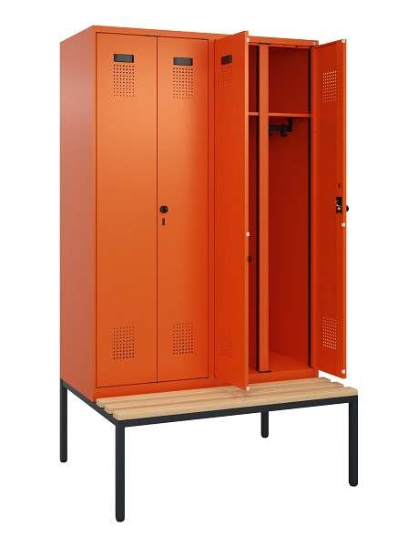 C+P Schwarz-Weiß-Spind Evolo PLUS, Bank, 4 Abteile, 2120x1200x815mm, 2004/2004, Drehriegel, Sitzfläche Buche-Hartholz, Sitzbank, 0490527-40 S10023