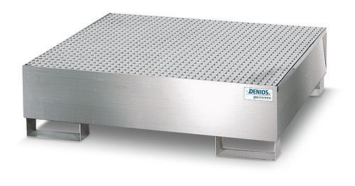 DENIOS Auffangwanne 4P2-I aus Edelstahl, mit Gabeltaschen und verzinktem Gitterrost, für 4 Fässer à 200 l, 130057