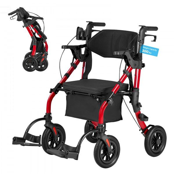 VEVOR 2-in-1 Rollator Faltbar Rot, Leichter Gehwagen bis 136 kg, Höhenverstellbare Gehhilfe mit Sitz, Tasche, Gehstockhalter, EHYZXQHSLHJ1ZK7KY001V0