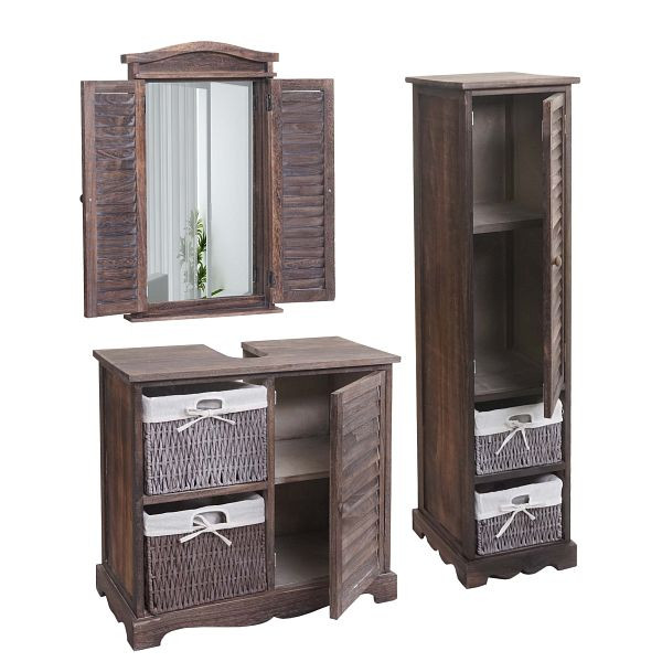 Mendler Badezimmerset HWC-H20, Badmöbel-Set Hochschrank Waschbeckenunterschrank Wandspiegel, shabby braun, 72672+72674+72680