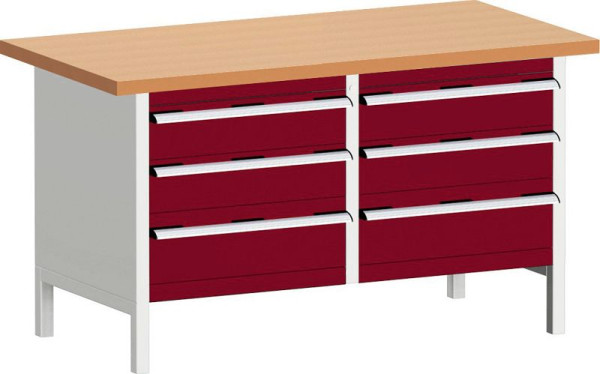 bott cubio Kastenwerkbank mit 6 Schubladen Rotbuche-Arbeitsplatte BxTxH: 1500 x 750 x 840 mm, RAL 7035/3004, 41002032.24V