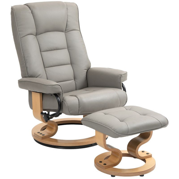 HOMCOM Relaxsessel mit Hocker, drehbar & neigbar, Kunstlederbezug, bis 150 kg, Holzgestell, Grau, 839-961V81GY