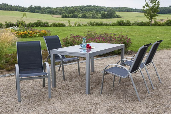 Merxx Amalfi Set 5-teilig, 4 Amalfi Stapelsessel, 1 Ausziehtisch 140 (200) x 90 cm, graue Glasplatte, silber/marineblau, 50339-313