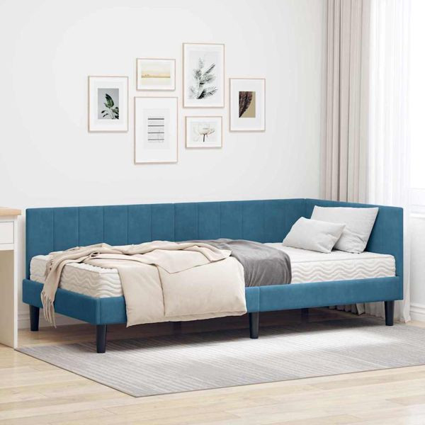 vidaXL Eckbettgestell mit Matratze mit Kopfteil Blau 90 x 200 cm Samt, 3393897