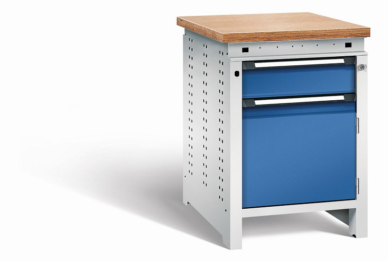 Otto Kind Werkbank Serie function Typ 105, Multiplexplatte 40 mm, bündig, Unterbau mit Zentralverschluss, Gehäuse RAL 7035, Front RAL 5010, 072322186