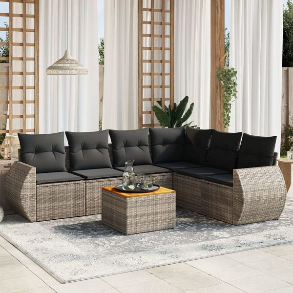 vidaXL 7-teilig Garten-Sofagarnitur mit Kissen Grau Poly Rattan, 3225024