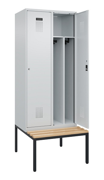 C+P Spind Evolo PLUS, 2 Abteile, 2120x800x815mm, 7035/7035, Haken 4, Zylinderschloss, Sitzfläche Buche-Hartholz, Sitzbank, Trennwand, 0490507-22F S10040