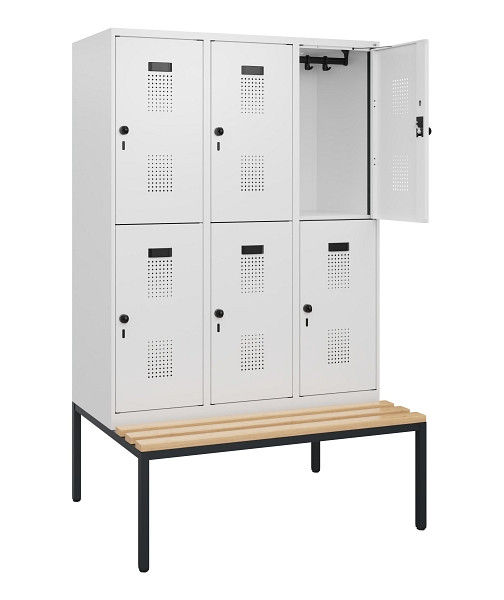 C+P Doppelstöckiger Spind Evolo PLUS, Bank, 6 Fächer, 1950x1200x815mm, 9016/9016, Drehriegel, Sitzfläche Buche-Hartholz, Sitzbank, 0493505-32 S10023