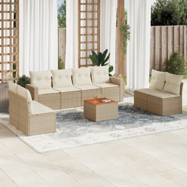 vidaXL 9-tlg. Garten-Sofagarnitur mit Kissen Beige Poly Rattan, 3224084