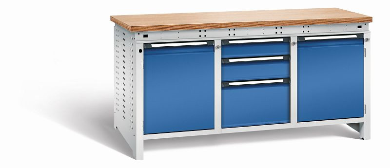 Otto Kind Werkbank Serie function Typ 310, Multiplexplatte 40 mm, bündig, 2x Unterbau + mittleres Feld, Gehäuse RAL 7035, Front RAL 5010, 072365186