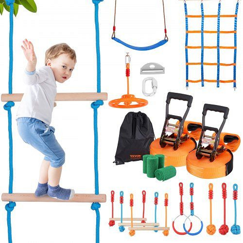 VEVOR Ninja Slackline Hindernisse Set 2 x 17 m Slacklines, 226,8 kg Tragkraft mit 12 Hindernissen, RZX562YC11J0F2X1FV0
