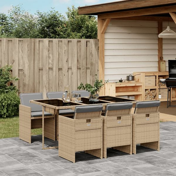 vidaXL 7-teilig Garten-Essgruppe mit Kissen Beigemischung Poly Rattan, 3277679