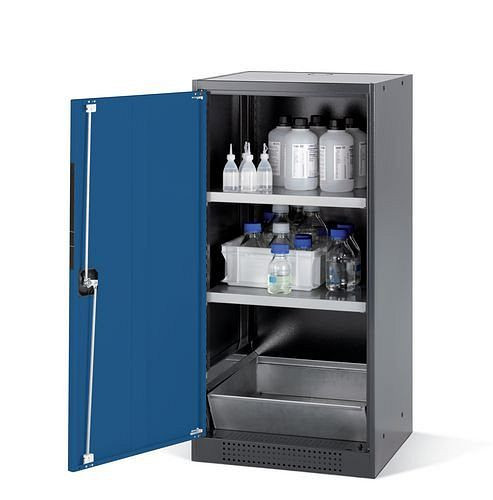 asecos Chemikalienschrank Systema CS-52L, Korpus anthrazit, blau, 2 Einlegeböden und Bodenwanne, 202553