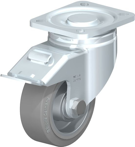 Blickle LH-ALEV 100K-1-FI-SG Stahlblech-Lenkrolle, Schwerlast-Ausführung, mit Anschraubplatte & Feststeller, Elastik-Vollgummi, Grau, 680959