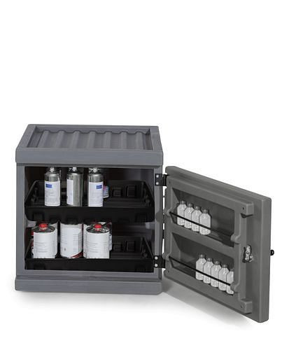 DENIOS Säure- und Laugenschrank PolyStore-Mini, Kunststoff, mit 2 Wannenböden, B 600 mm, 281506