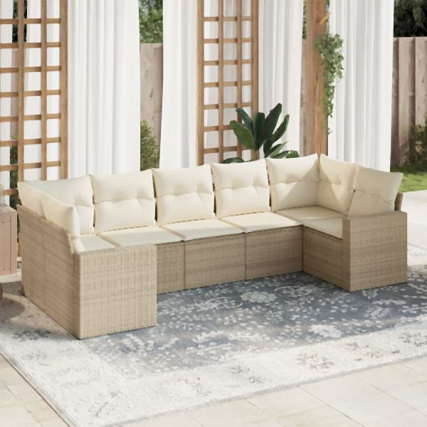 vidaXL 7-tlg. Garten-Sofagarnitur mit Kissen Beige Poly Rattan, 3251725