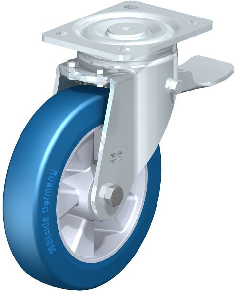 Blickle LH-ALBS 200K-ST Stahlblech-Lenkrolle, Schwerlast-Ausführung, mit Anschraubplatte & Feststeller, Blickle Besthane® Soft, Blau, 741825