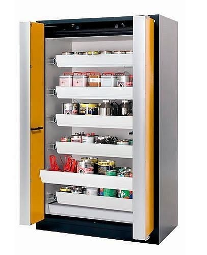 asecos Gefahrstoffschrank Select W-126, 1200 mm, 6 Auszugswannen, Falttüren gelb, 3214904030017