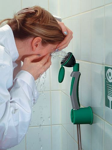 DENIOS Hand-Augendusche mit 1 Brausekopf um 45° abgewinkelt, Wand- / Tischmontage, 201239