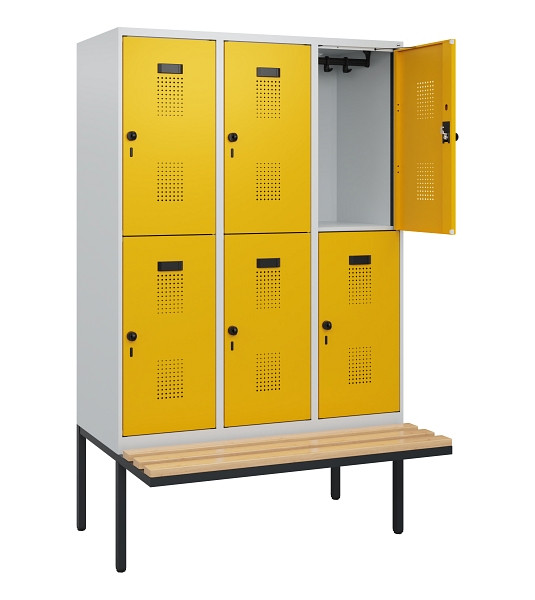 C+P Doppelstock-Spind Evolo PLUS, Bank, 6 Fächer, 1950x1200x815mm, 7035/1004, Drehriegel, Sitzfläche Buche-Hartholz, 0493405-32 S10000