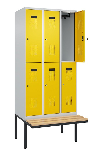 C+P Doppelstock-Spind Evolo PLUS, Bank, 6 Fächer, 2120x900x815mm, 7035/1023, Zylinderschloss, Sitzfläche Buche-Hartholz, 0493407-30 S10028