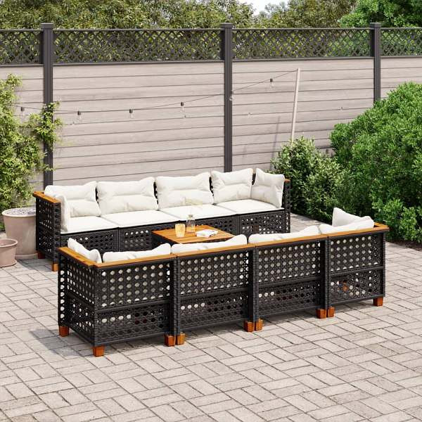 vidaXL 9-tlg. Garten-Sofagarnitur mit Kissen Schwarz Poly Rattan, UV-beständig, 3261770