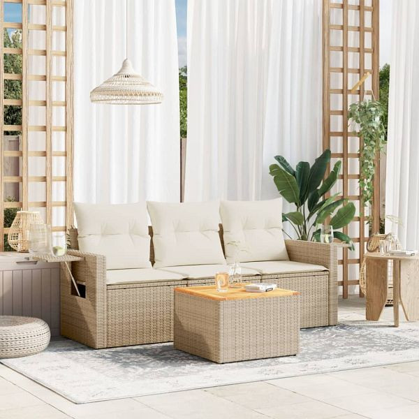vidaXL 4-teilig Garten-Sofagarnitur mit Kissen Beige Poly Rattan, 3224434