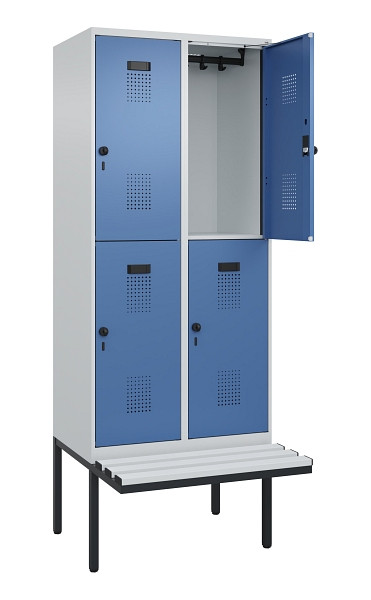 C+P Doppelstock-Spind Evolo PLUS, Bank, 4 Fächer, 2120x800x815mm, 7035/5023, Drehriegel, Sitzfläche Kunststoff, 0493407-22 S10089
