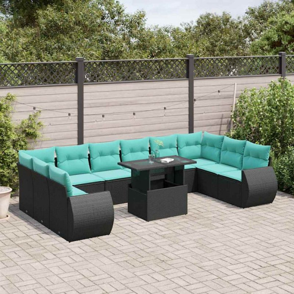 vidaXL 11-teiliges Gartensofa-Set mit Kissen, schwarzes Polyrattan, 3268777