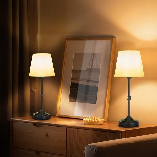 VEVOR kabellose Tischlampen (2 Stk.) mit Stoffschirm, 5200 mAh Akku, dimmbar (3-stufig), Nachttischlampe Schwarz, BYDZTD636316KFJO5001V9