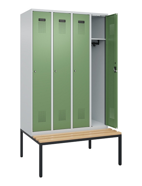 C+P Spind Evolo PLUS, 4 Abteile, 2120x1200x815mm, 7035/6011, Haken 3, Zylinderschloss, Sitzfläche Buche-Hartholz, Sitzbank, 0490507-40 S10037