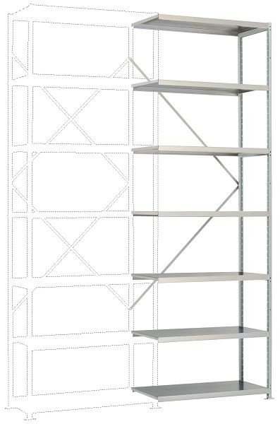 Manuflex Mittelschweres Fachboden-Steckregal Anbauregal mit 7 Stahlböden, HxBxT = 3000 x 1000 x 400 mm, lichtgrau, RP1718.7035