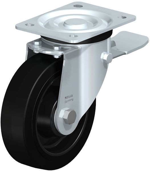 Blickle L-POEV 160XK-ST Stahlblech-Lenkrolle, mittelschwere Ausführung, mit Anschraubplatte & Feststeller, Elastik-Vollgummi, Schwarz, 850648