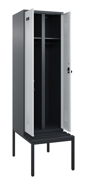 C+P Schwarz-Weiß-Spind Evolo PLUS, Bank, 2 Abteile, 2120x600x815mm, 7016/7035, Drehriegel, Sitzfläche Kunststoff, Sitzbank, 0490527-20 S10071