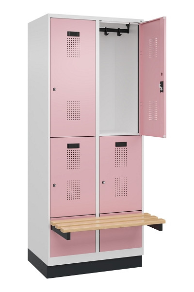 C+P Doppelstock-Spind Evolo PLUS, Bank, 4 Fächer, 1950x800x815mm, 9016/3015, Zylinderschloss, Sitzfläche Buche-Hartholz, mit Sockel, 049340-22 S10045